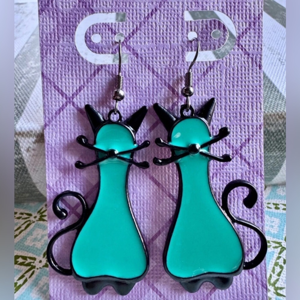 New Black Metal & Aqua Enamel Kitty Cat Dangle Statement Earrings - 2.5”